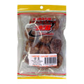 A clear plastic bag of Kimbow Honey Dates, showing several dark brown honey dates inside. The packaging features a yellow top, red and green stripes, and a white label with a barcode.