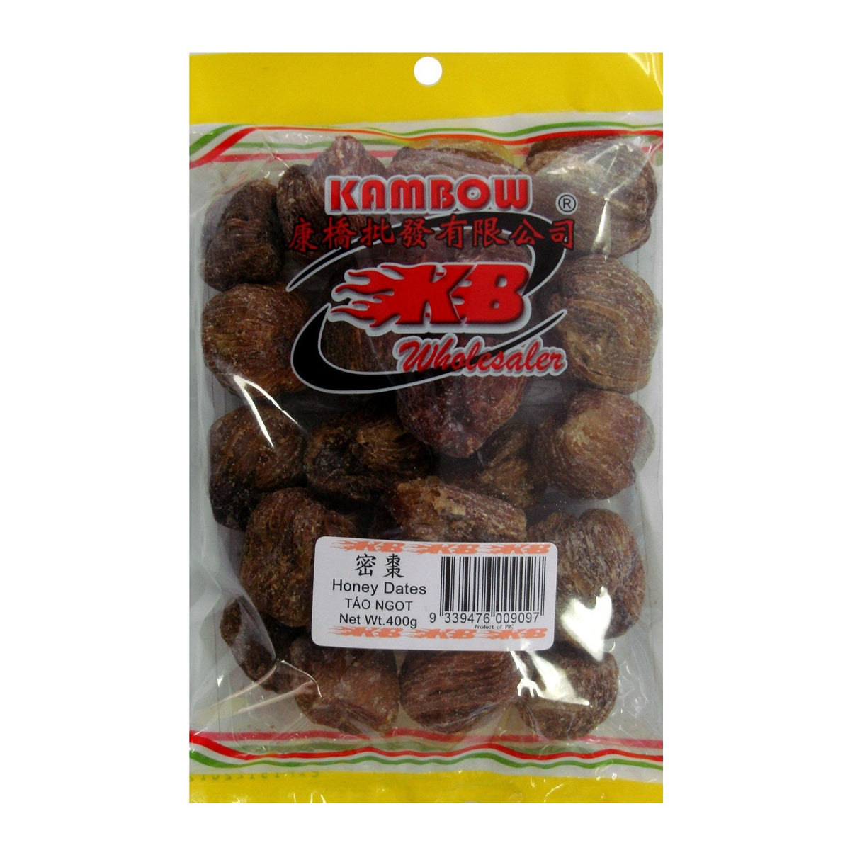A clear plastic hanging pouch of Honey Dates with a yellow top and bottom, branded Kambow. The product is visible through the transparent bag, with a white label near the bottom containing a barcode.