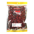 A clear plastic bag of Kambow dried red dates, showing the dark red dates inside, with a yellow and white packaging design and a clear window.