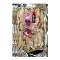 A package of sliced dried mushrooms in a clear plastic bag with a pink and red label on the front, photographed against a plain white background.