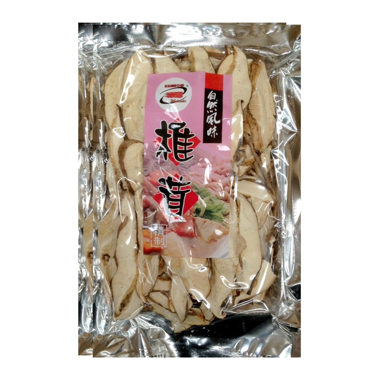A package of sliced dried mushrooms in a clear plastic bag with a pink and red label on the front, photographed against a plain white background.