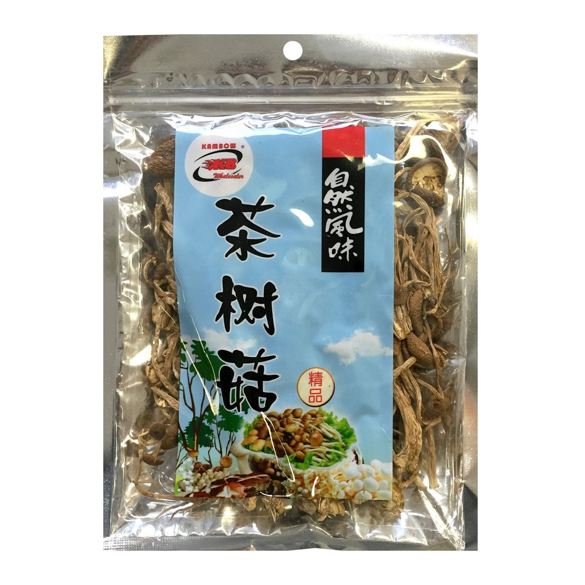 A package of dried Tea Tree Mushroom in a clear, resealable silver pouch with a blue and black label, photographed against a plain white background.