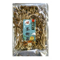 A clear plastic bag containing dried Chinese tea tree mushrooms (Lentinus chinensis) with a central blue and red label, set against a plain white background.