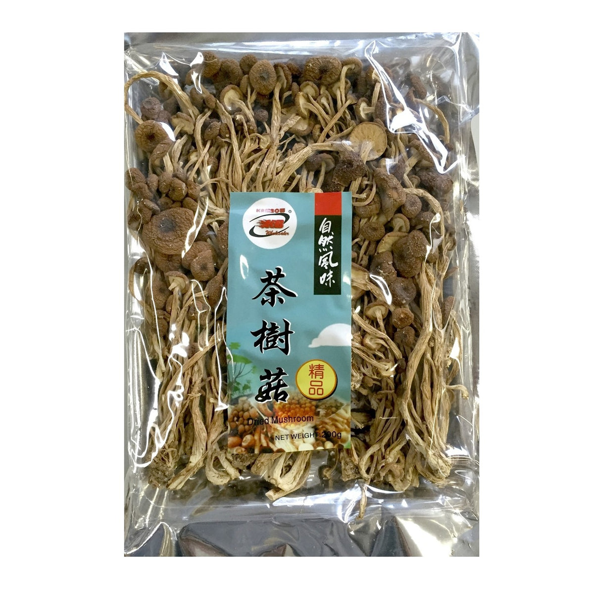 A clear plastic bag containing dried Chinese tea tree mushrooms (Lentinus chinensis) with a central blue and red label, set against a plain white background.