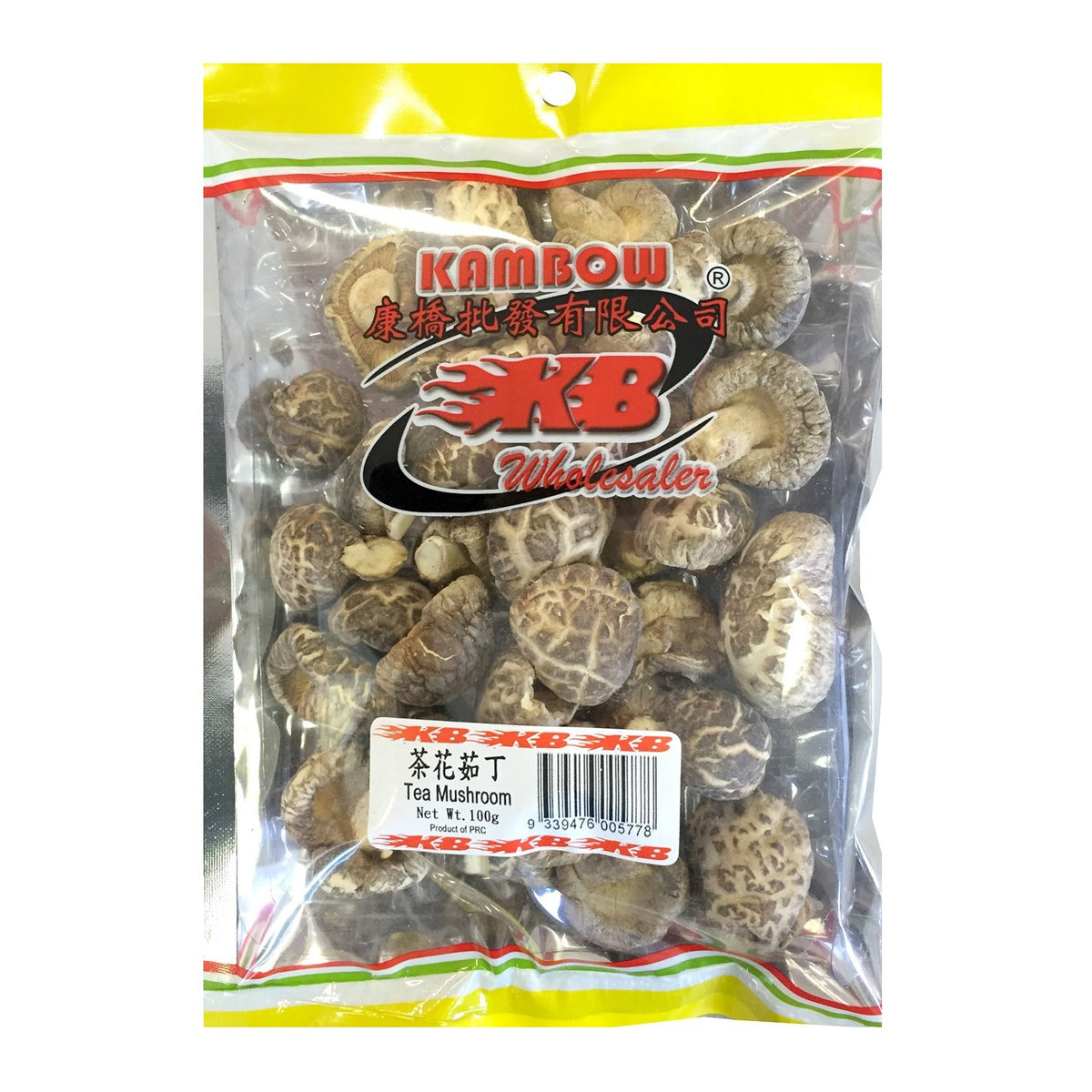 A clear plastic bag of Kambow Tea Mushroom (Lycoperdon bilobatum) containing 100g of whole sliced mushrooms, with a yellow header and a white barcode label on the front.