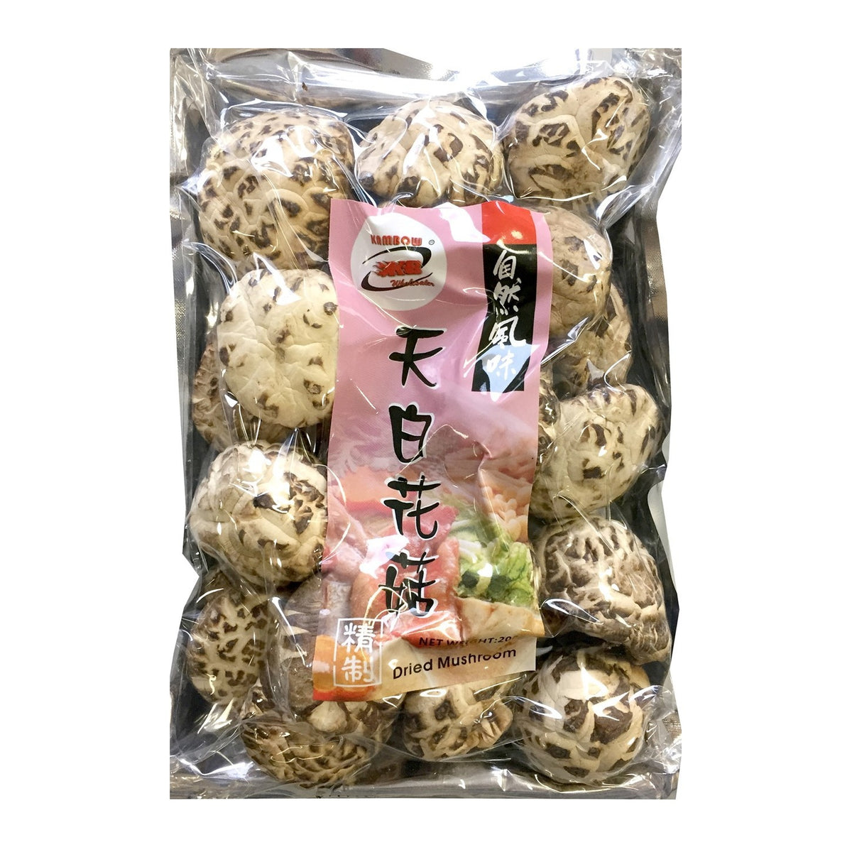A clear plastic bag filled with dried mushroom slices, featuring a pink and white vertical label with Chinese text.