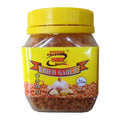 A jar of Kambow Brand Fried Garlic, featuring a bright yellow cap and a yellow label with red and black text, containing a brown fried garlic mixture, isolated on a white background.