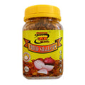 A jar of Kambow Brand Fried Shallots with a bright yellow cap and yellow label, containing fried onion slices, on a plain white background.