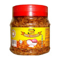 A jar of Kambow Brand Fried Shalloots on a plain white background. The product is packaged in a clear plastic jar showing the golden-brown fried shalloots inside, topped with a bright red lid and a yellow label with garlic illustrations.