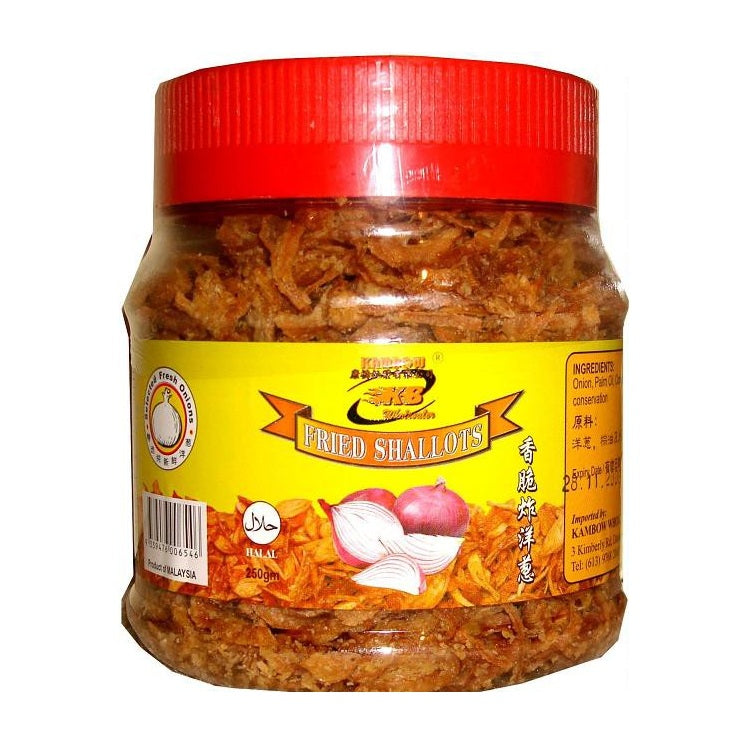 A jar of Kambow Brand Fried Shalloots on a plain white background. The product is packaged in a clear plastic jar showing the golden-brown fried shalloots inside, topped with a bright red lid and a yellow label with garlic illustrations.