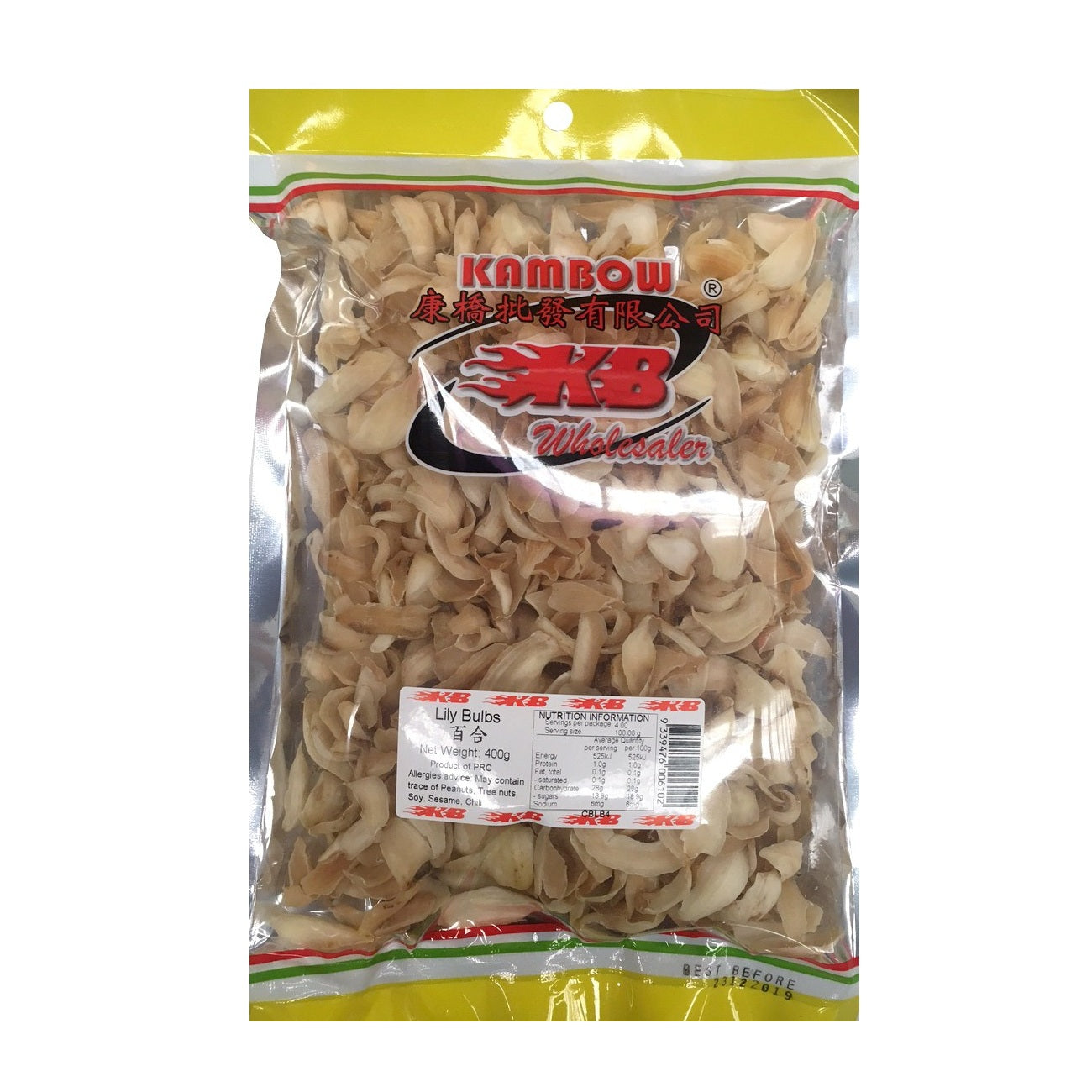 A clear plastic bag of Kambow Lily Bulbs, showing the beige dried flakes inside, with a yellow header and a white nutrition label on a white background.