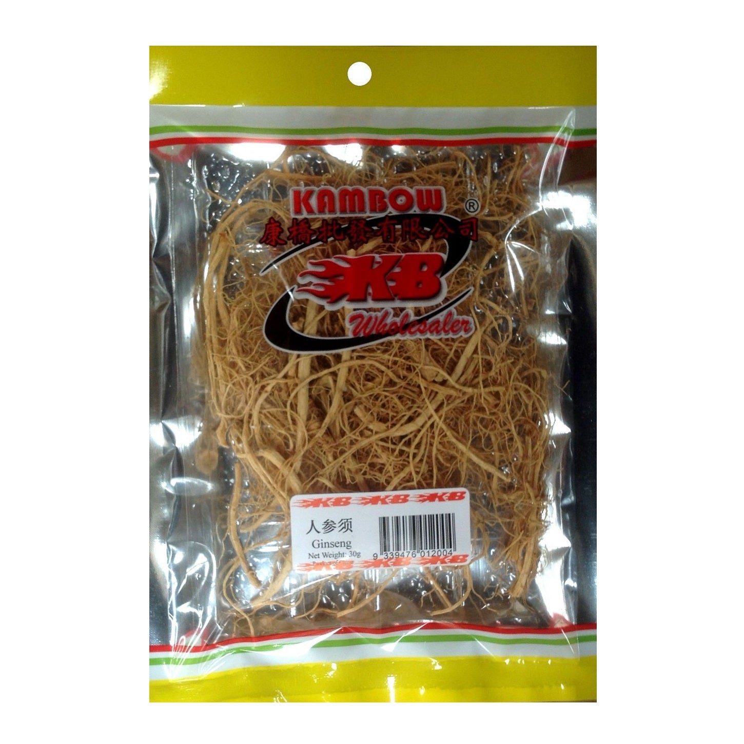 A package of Kambow Ginseng roots in a clear plastic bag with a yellow header and a white product label, photographed against a plain white background.