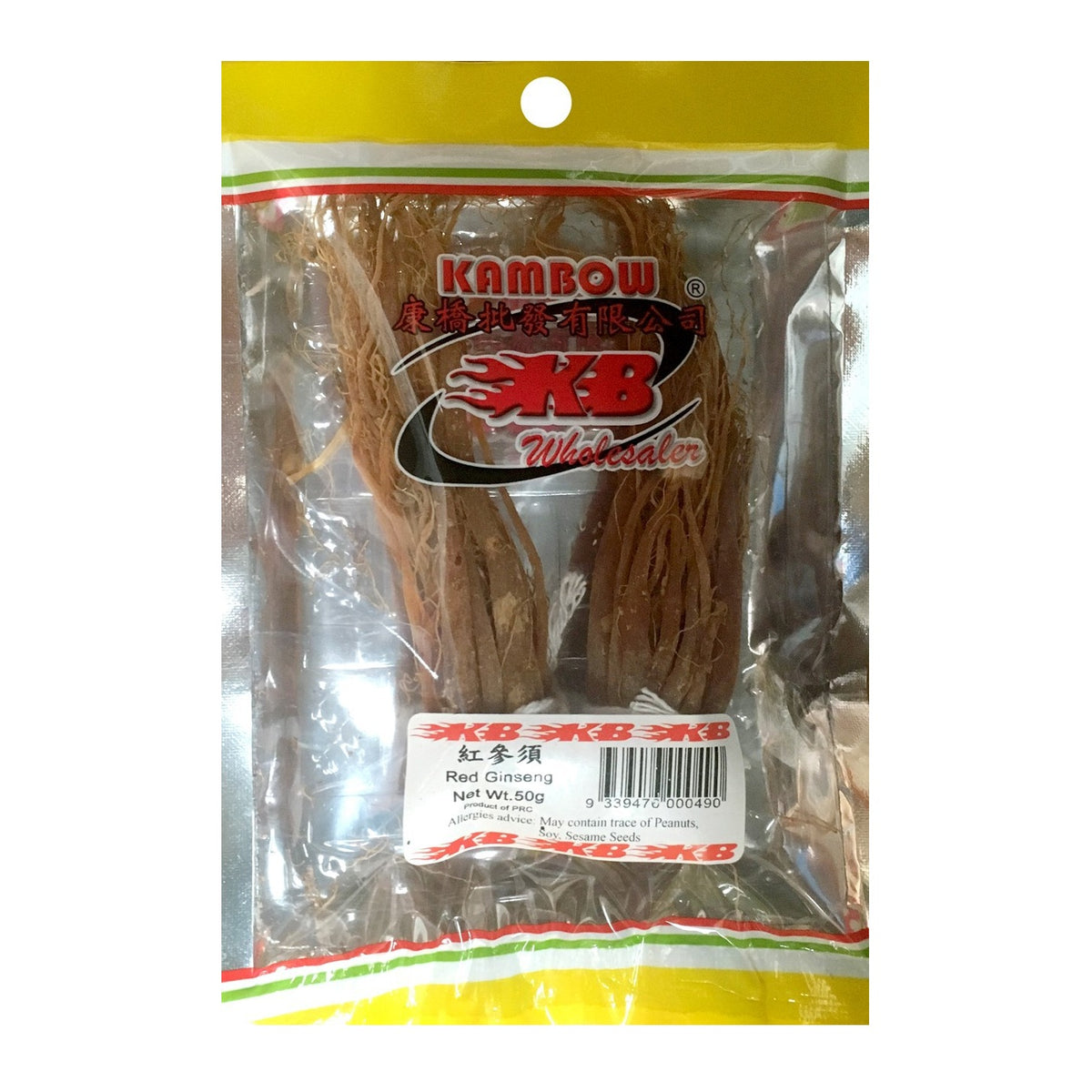 A package of Kambow Red Ginseng roots in a clear plastic bag with a yellow header and a white product label, photographed against a plain white background.