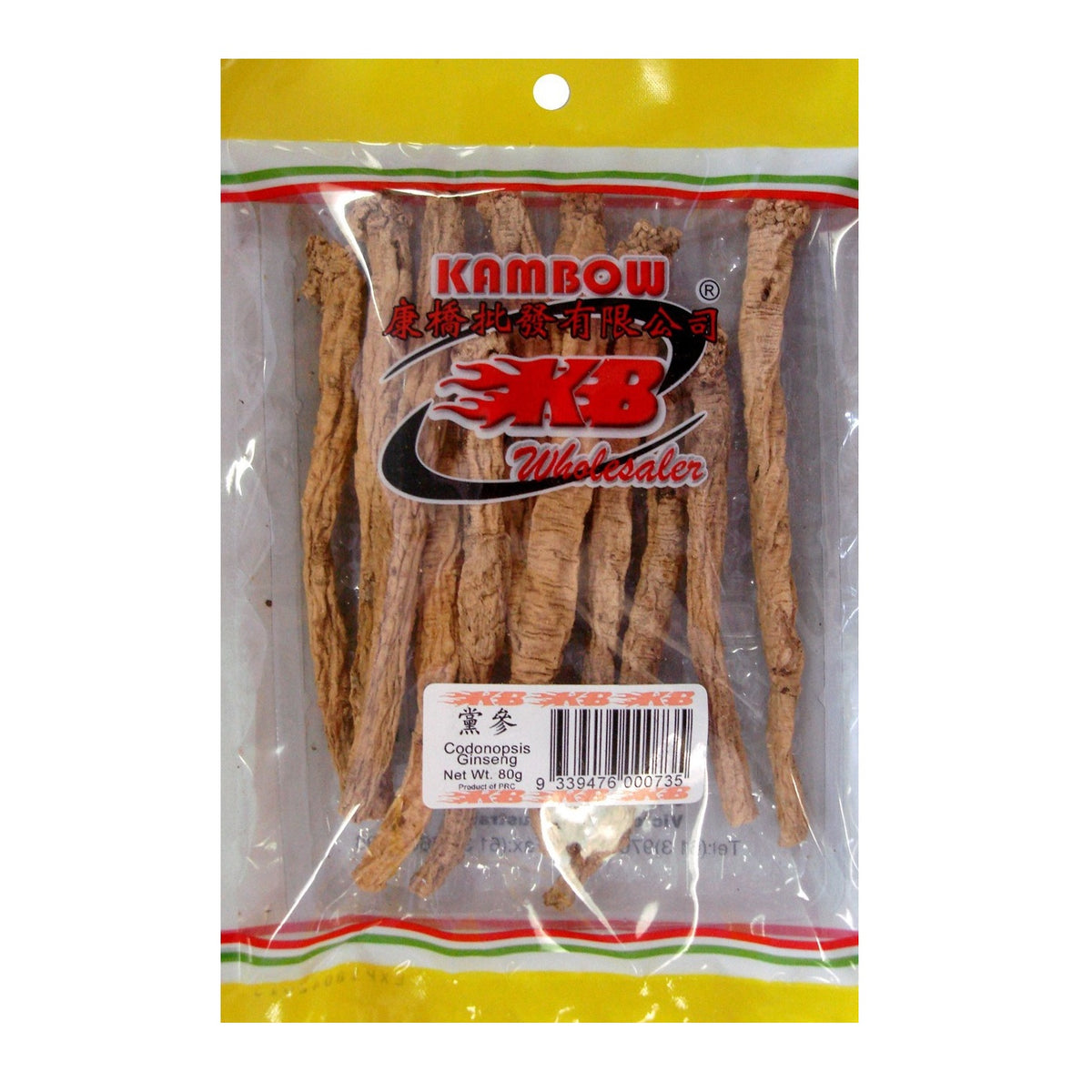 A 80g bag of Kambow Wildwater Chinese Ginseng (Coptis chinensis) shown on a plain white background. The product is packaged in a clear plastic bag with a yellow header and bottom border, featuring the red and black Kambow brand logo.