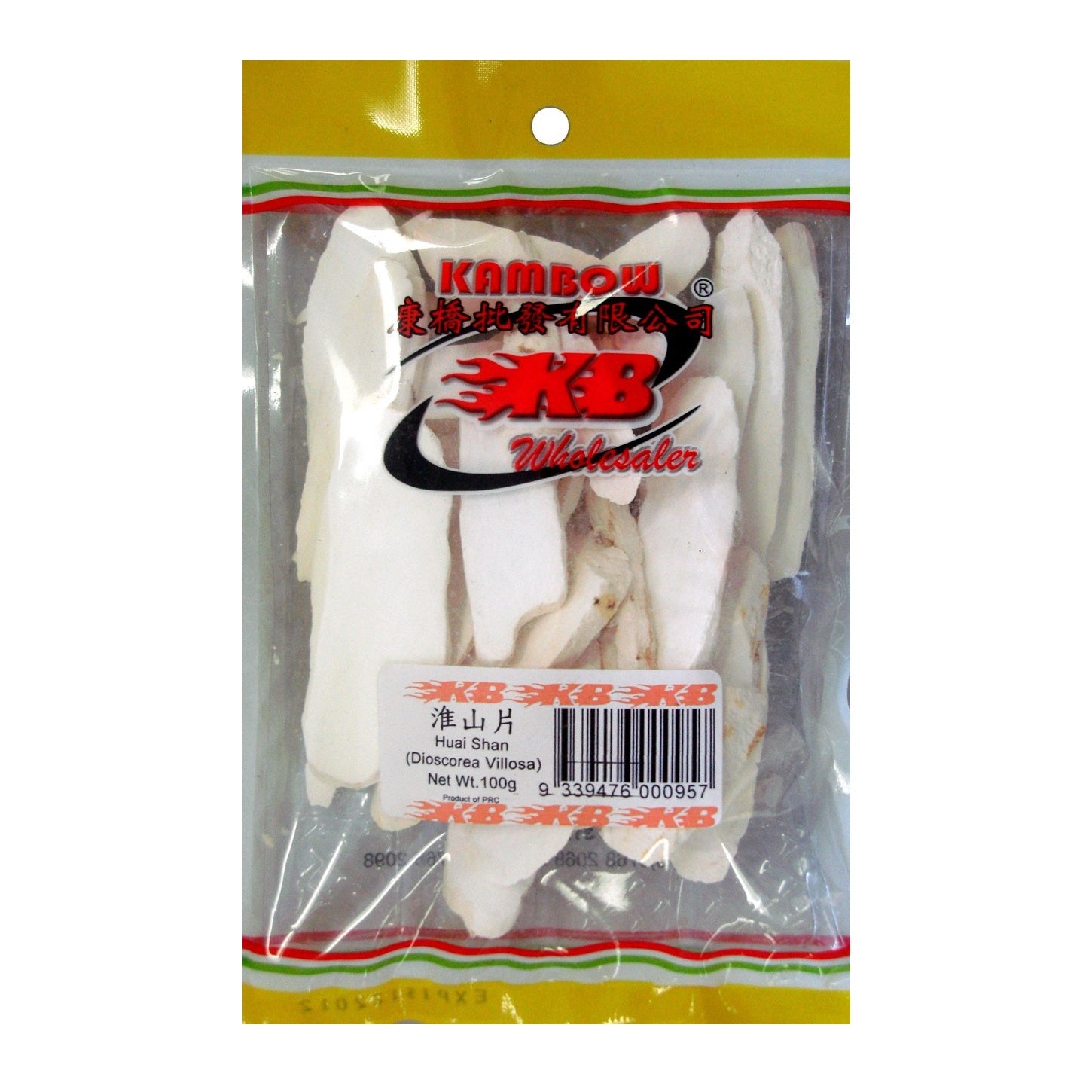 A package of Kambow Wholesaler Huai Shan (Dendroba Villosa), shown in a clear plastic bag with a yellow header and a white label.