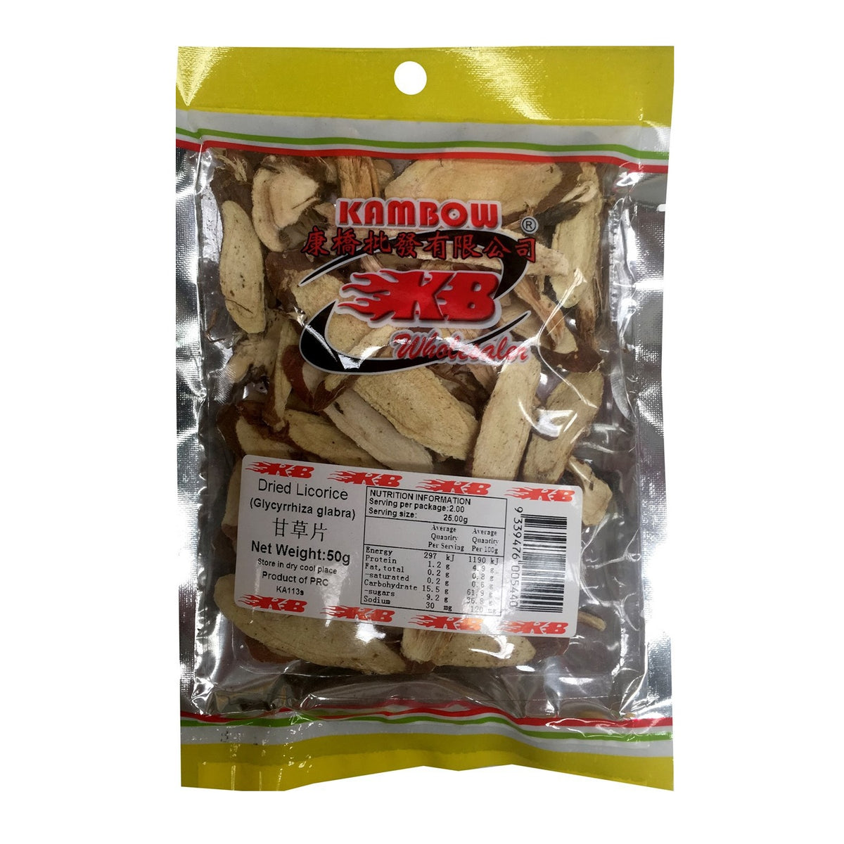 A clear plastic stand-up pouch with a yellow top and bottom border, containing dried licorice roots. The pouch has a prominent red and black Kambow brand logo and a white product label showing the text 'Dried Licorice (Glycyrrhiza glabra)'.