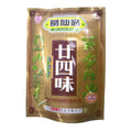 A gold resealable pouch of Ge Xian Wen (葛仙翁) Qing Lang Four Flavors Cooling Tea, featuring Chinese characters and illustrations of green herbs on a white background.