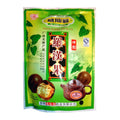 A green and yellow bag of Chinese herbal fruit powder, featuring the brand name 'Gu Xian Wu' in Chinese and English, with illustrations of macadamia fruits and a teapot on a white background.