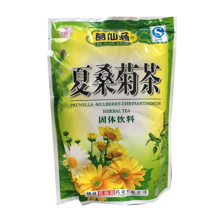 A 300g stand-up pouch of herbal tea featuring a green and yellow design with illustrations of yellow chrysanthemums and white flowers. The packaging displays Chinese text '清通菌车' and English text 'PRUNELLA-MULBERRY-CHYSANTHEMUM HERBAL TEA'.