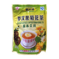 A package of Chinese herbal tea, Grosvenor Momordica & Chrysanthemum Tea, in a green and yellow bag with an illustration of a cup of tea and chamomile flowers.