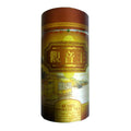 A cylindrical tin of Chinese tea with a brown and gold label featuring Chinese characters and an illustration of a tea house, set against a plain white background.