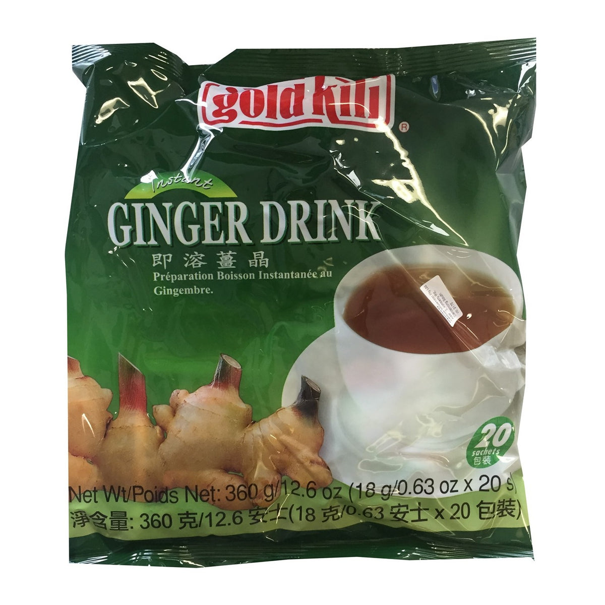 Gold Kili Ginger Drink instant tea in a green 360g bag with a white cup of tea and ginger root illustrations on the front.