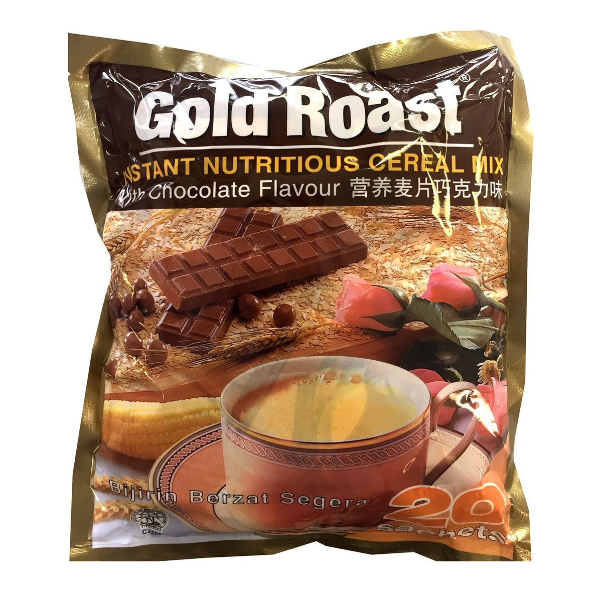 Gold Roast Instant Nutritious Cereal Mix in Chocolate Flavour, in a gold and brown bag with a cup of cereal and chocolate bar graphics.
