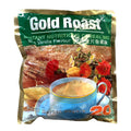 A bag of Gold Roast Instant Nutritious Cereal Mix with Vanilla Flavour, featuring a green and gold packaging design with an illustration of a cup of cereal and red flowers.