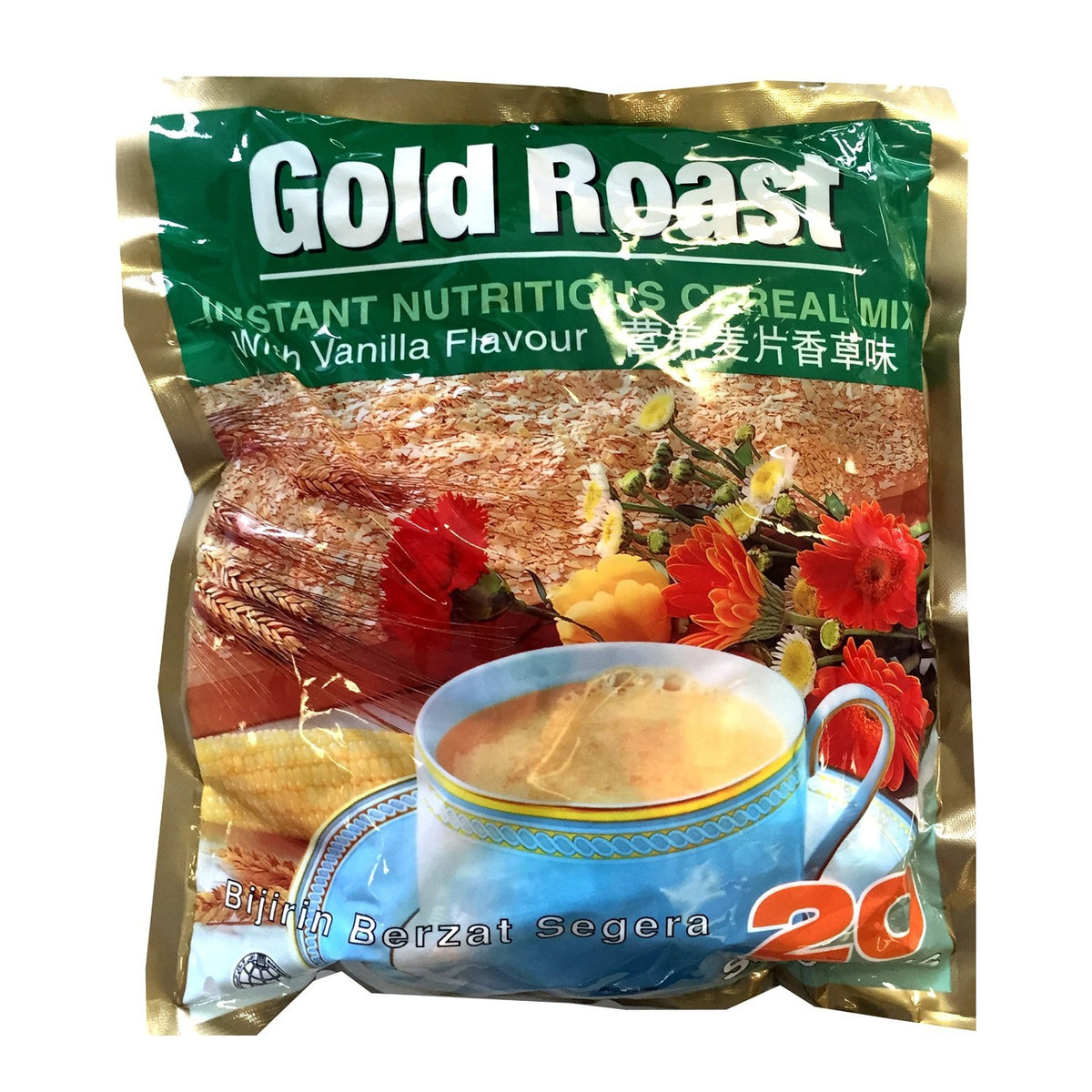 A bag of Gold Roast Instant Nutritious Cereal Mix with Vanilla Flavour, featuring a green and gold packaging design with an illustration of a cup of cereal and red flowers.