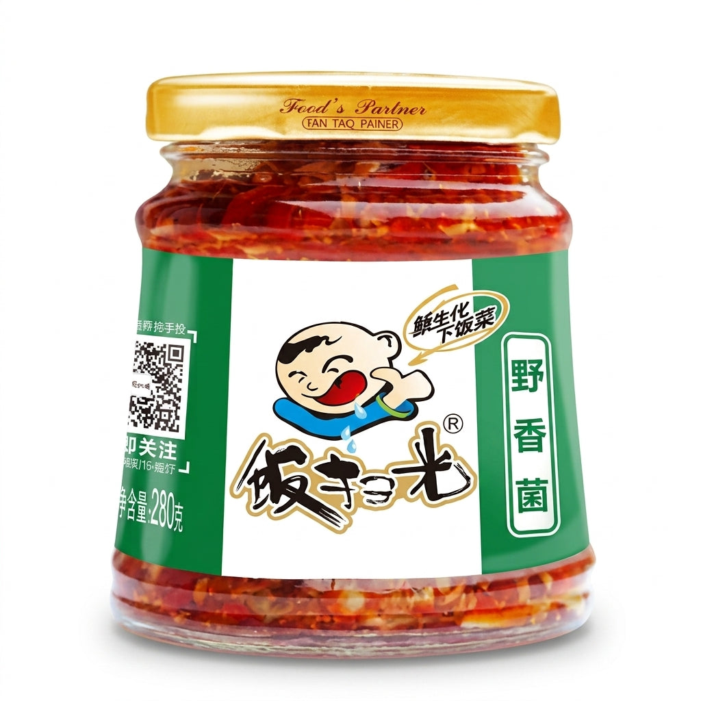 A jar of Chinese spicy pickled vegetables (wild garlic in soy sauce) by the brand 饭卡光 (Fan Kang Guang), featuring a green and white label with a cartoon character and a gold lid, set against a plain white background.