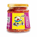 A glass jar of Chinese fried mushrooms (Huo Gao Jin Zhen Gu) with a bright yellow lid and a colorful label featuring the cartoon character Bing Dui. The product is filled with reddish-orange mushrooms and is set against a plain white background.