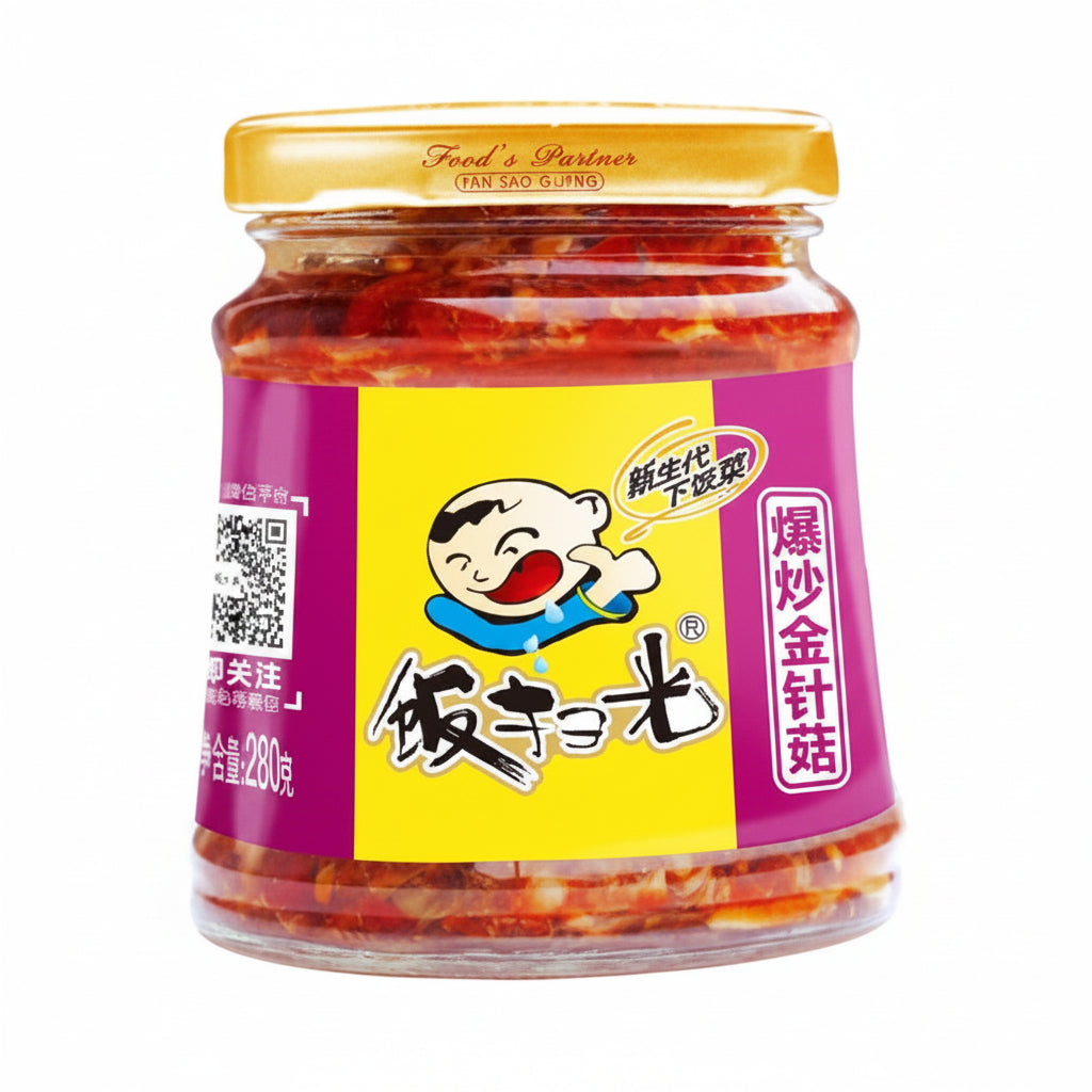 A glass jar of Chinese fried mushrooms (Huo Gao Jin Zhen Gu) with a bright yellow lid and a colorful label featuring the cartoon character Bing Dui. The product is filled with reddish-orange mushrooms and is set against a plain white background.