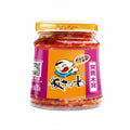 A jar of Chinese red chili wood ear mushrooms (Mei Gu Mu) with a bright orange and purple label featuring the cartoon character Fan Qiao, topped with a gold lid.
