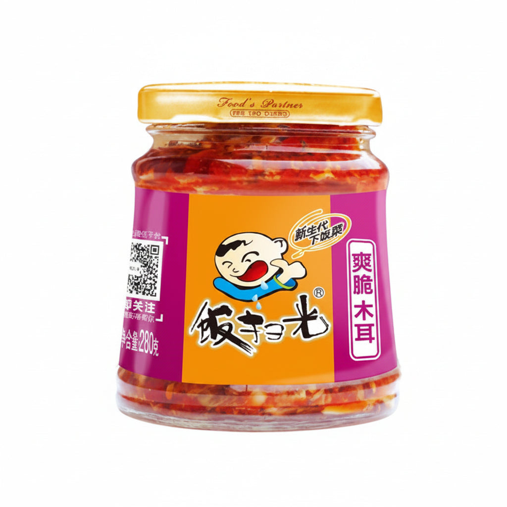 A jar of Chinese red chili wood ear mushrooms (Mei Gu Mu) with a bright orange and purple label featuring the cartoon character Fan Qiao, topped with a gold lid.
