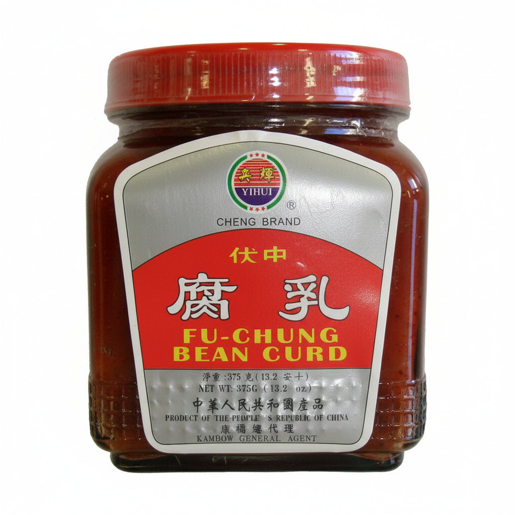 A jar of Cheng Brand Fu-Chung Bean Curd with a red lid and a red, silver, and white label.
