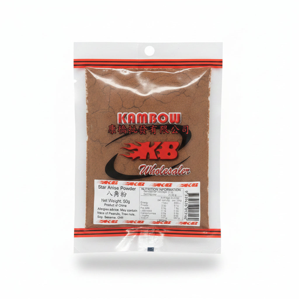 A 50g bag of Kam Bow Star Anise Powder, showing the brown powder through a clear plastic wrapper with a white and red label at the bottom.
