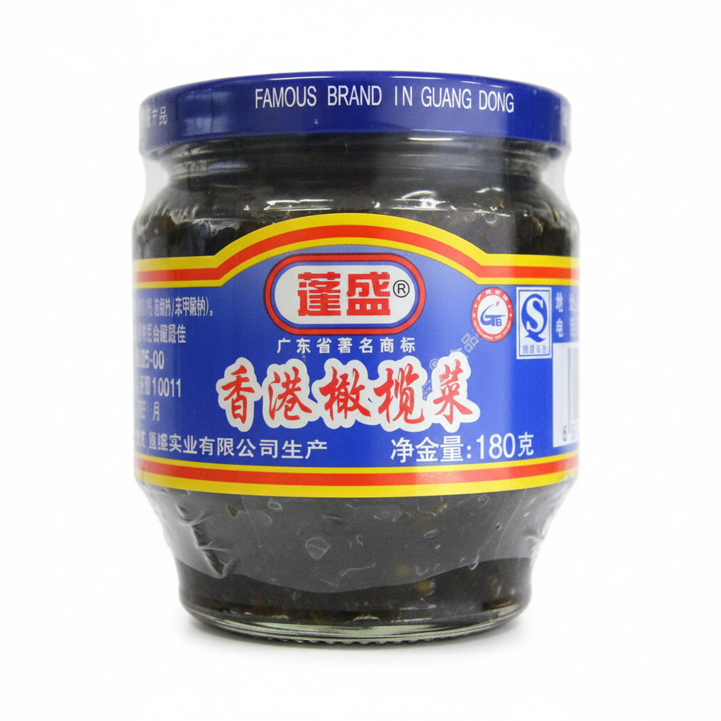 A glass jar of Chinese pickled olives with a blue lid and a blue label featuring red and yellow accents. The label displays the Chinese brand name '福师' in red characters and English text at the top reading 'FAMOUS BRAND TÙN GUANG DONG'.