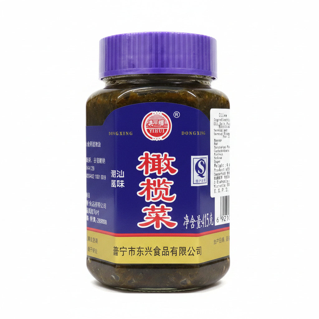 A bottle of Dongxing Yihui Chinese cabbage salad seasoning with a purple cap and a blue label featuring red Chinese characters.