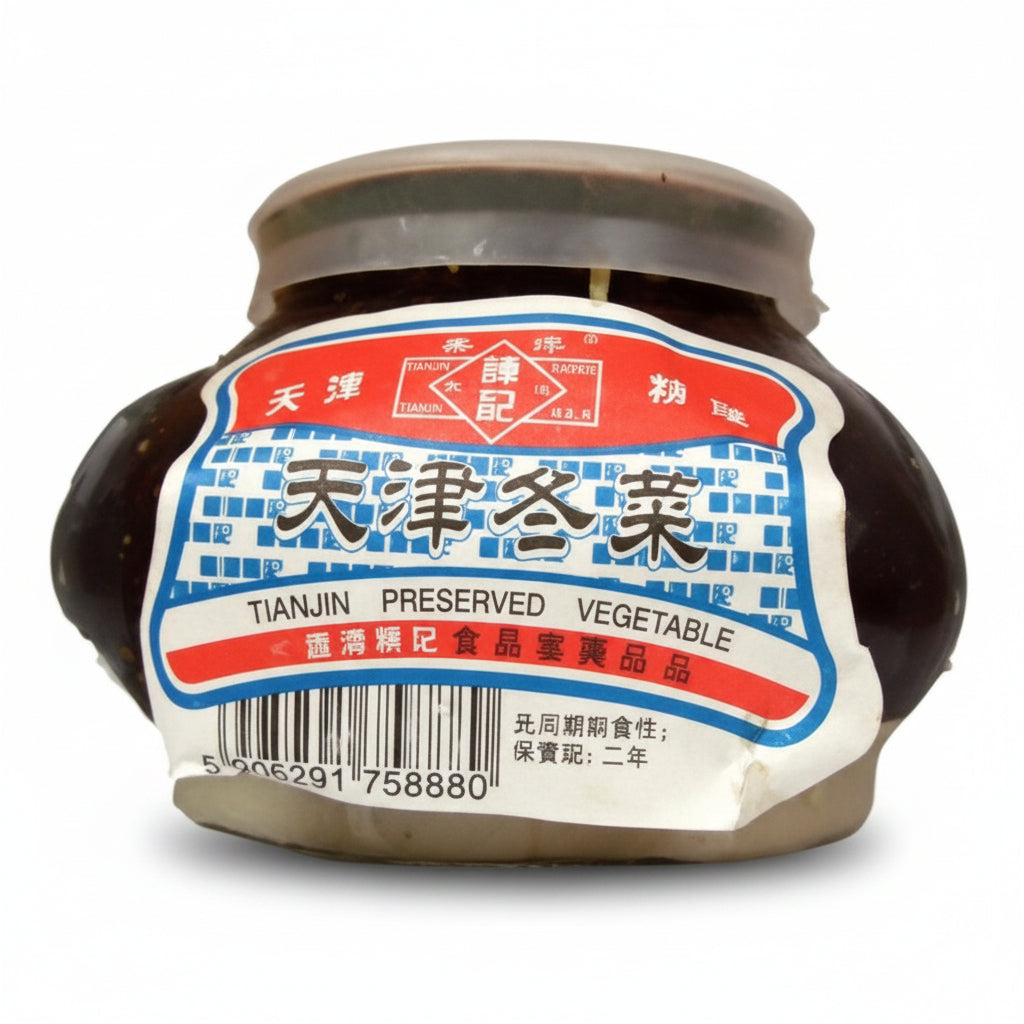 A jar of TIANJIN Preserved vegetable with a brown lid and a white, red, and blue label featuring Chinese and English text.