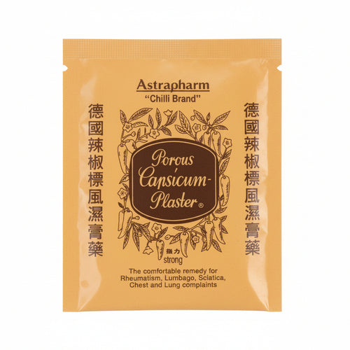 A single Astrapharm Chilli Brand Porous Capsicum Plaster sachet, featuring a tan and brown packaging design with botanical illustrations and text in English and German.