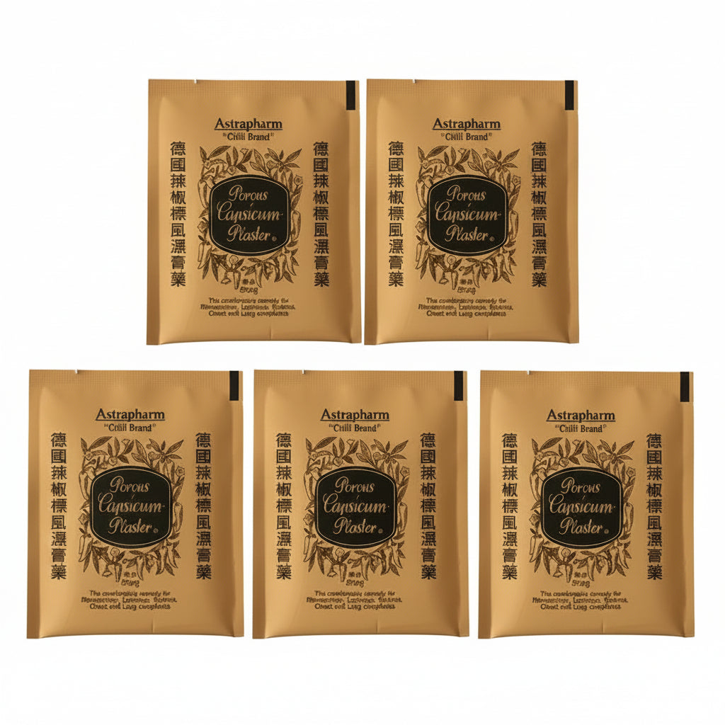 Five Astrapharm Peres Capsicum Plaster packet sleeves arranged on a white textured background, with four larger packets and one smaller packet.