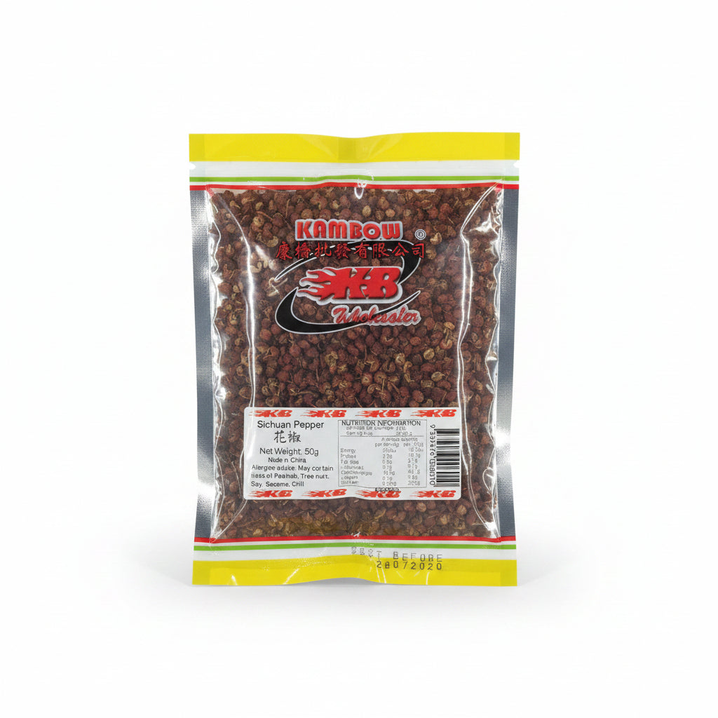 A 50g bag of Kambow Sichuan Pepper Seeds in clear plastic packaging with a white and red label, showing the dark red pepper seeds inside.