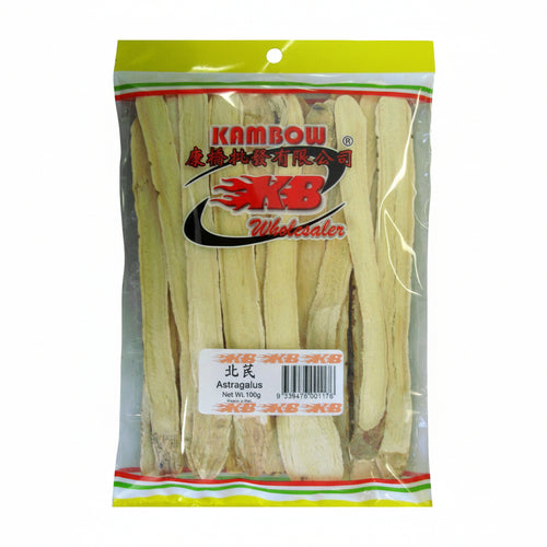 A 100g package of Kam Bow Astragalus (Chinese Ginseng) slices, showing the light tan dried roots inside a clear plastic bag with a yellow and green header.