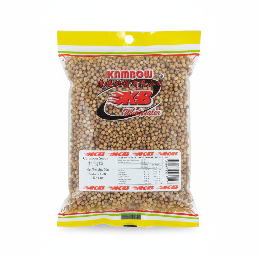 A 50g bag of Kam Bow Coriander Seeds, showing the light brown seeds through a clear plastic pouch with a yellow and red header and a white nutrition label.