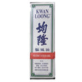 A tall rectangular box of Kwan Loong Medicated Oil, featuring a white background with blue Chinese characters, green borders, and a red band labeled 'MEDICATED OIL'.