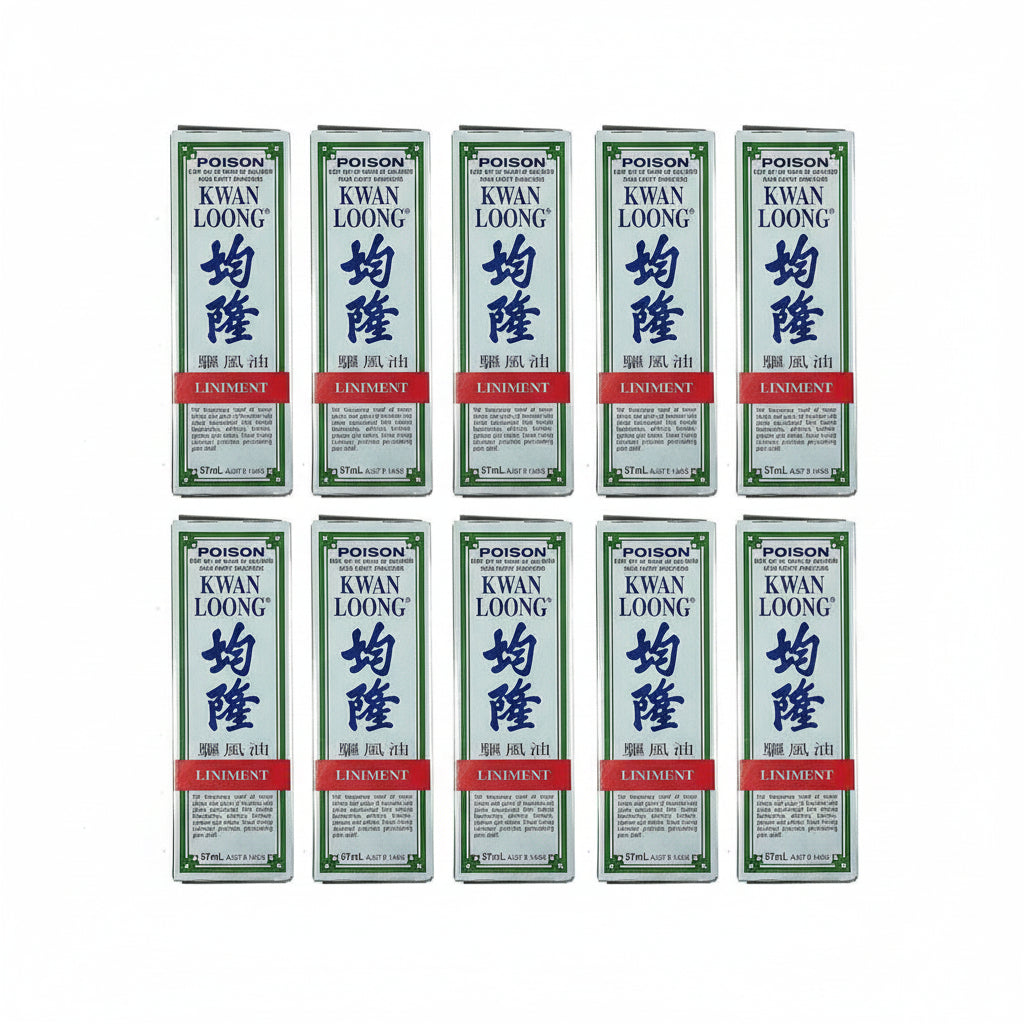 Twelve boxes of Kwan Loong Linment arranged in a grid on a plain white background. Each box is white with green borders, large blue Chinese characters, and a red band near the bottom.