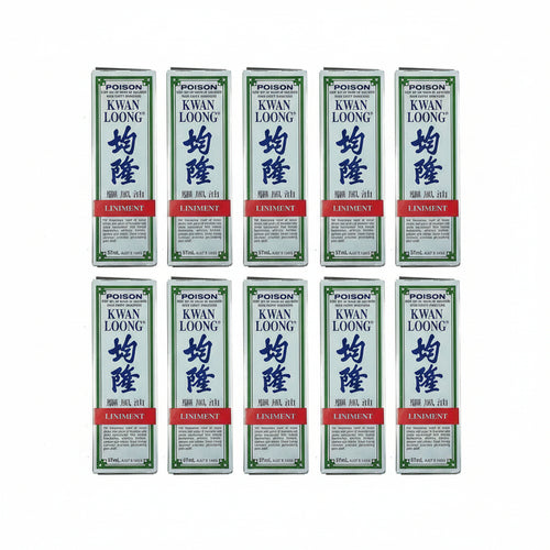Twelve boxes of Kwan Loong Linment arranged in a grid on a plain white background. Each box is white with green borders, large blue Chinese characters, and a red band near the bottom.