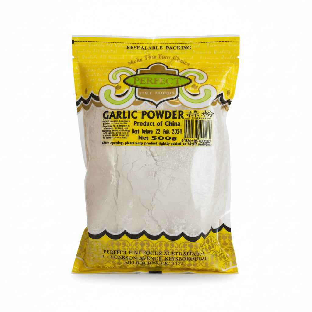 A 500g bag of Perfect Fine Foods Garlic Powder, featuring a bright yellow and green packaging design with a clear window showing the white garlic powder inside.