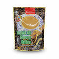 A bag of Gold Choice Tongkat Ali Ginseng Coffee, featuring a golden-brown coffee cup graphic on a dark coffee bean background with green text.