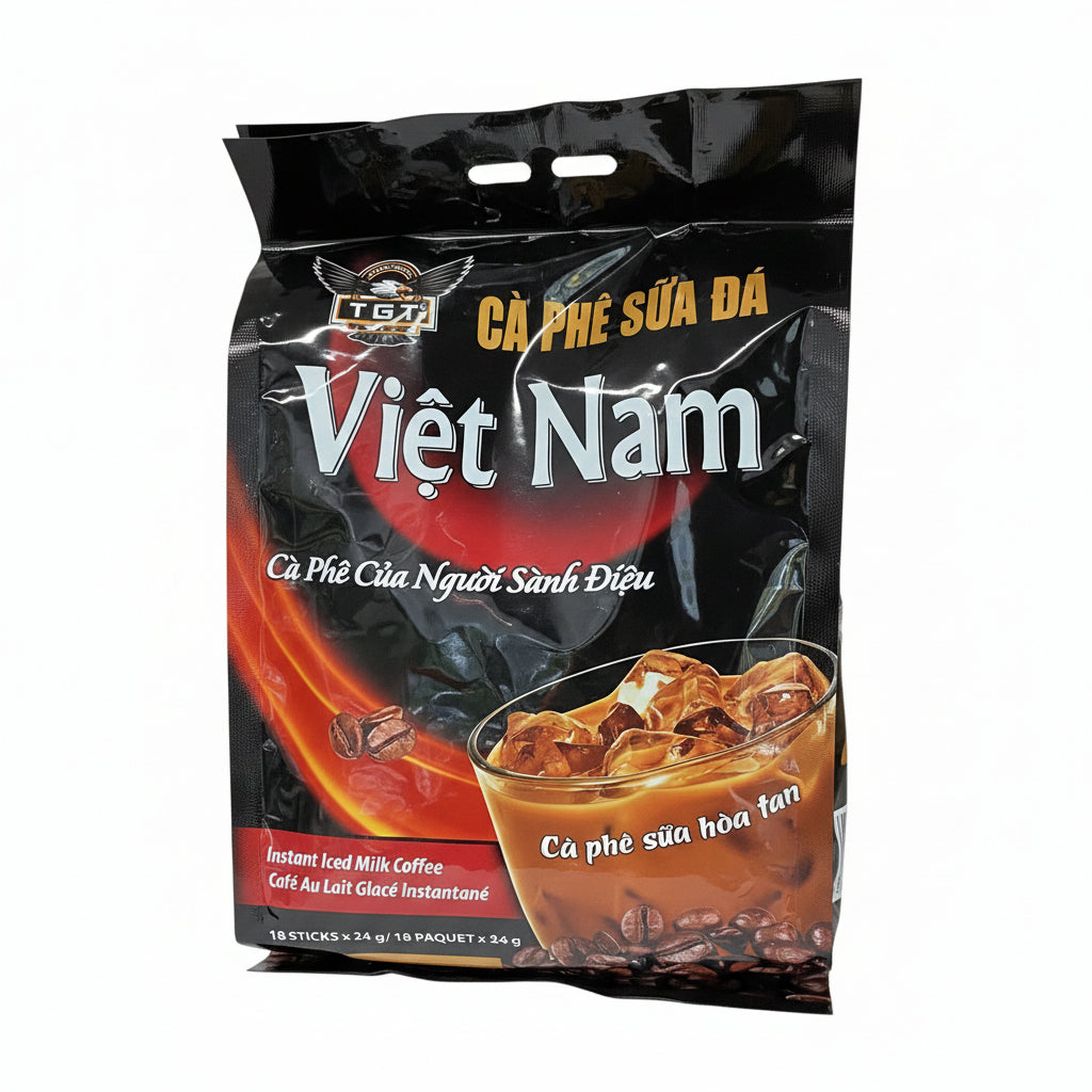 A bag of TGT Vietnam instant iced coffee (cá phé súéa déa) featuring a black and red design with a glass of iced coffee on the front, labeled 'Viét Nam'.